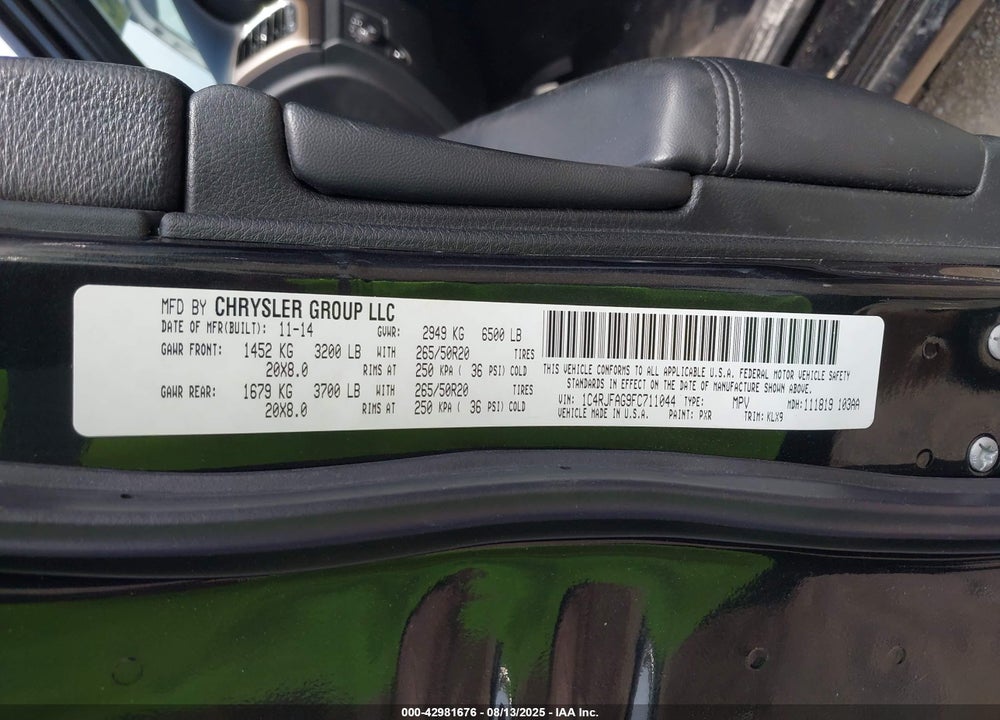 2015 JEEP GRAND CHEROKEE VIN: 1C4RJFAG9FC711044