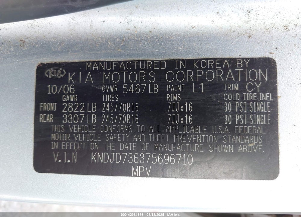 2007 KIA SORENTO LX VIN: KNDJD736375696710