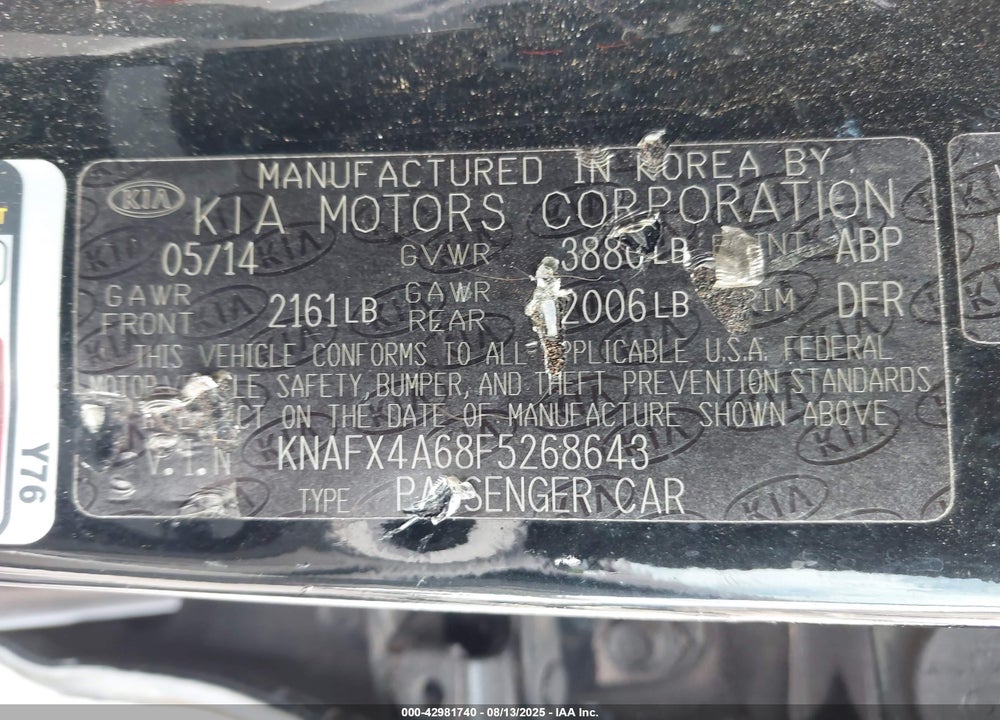 2015 KIA FORTE VIN: KNAFX4A68F5268643