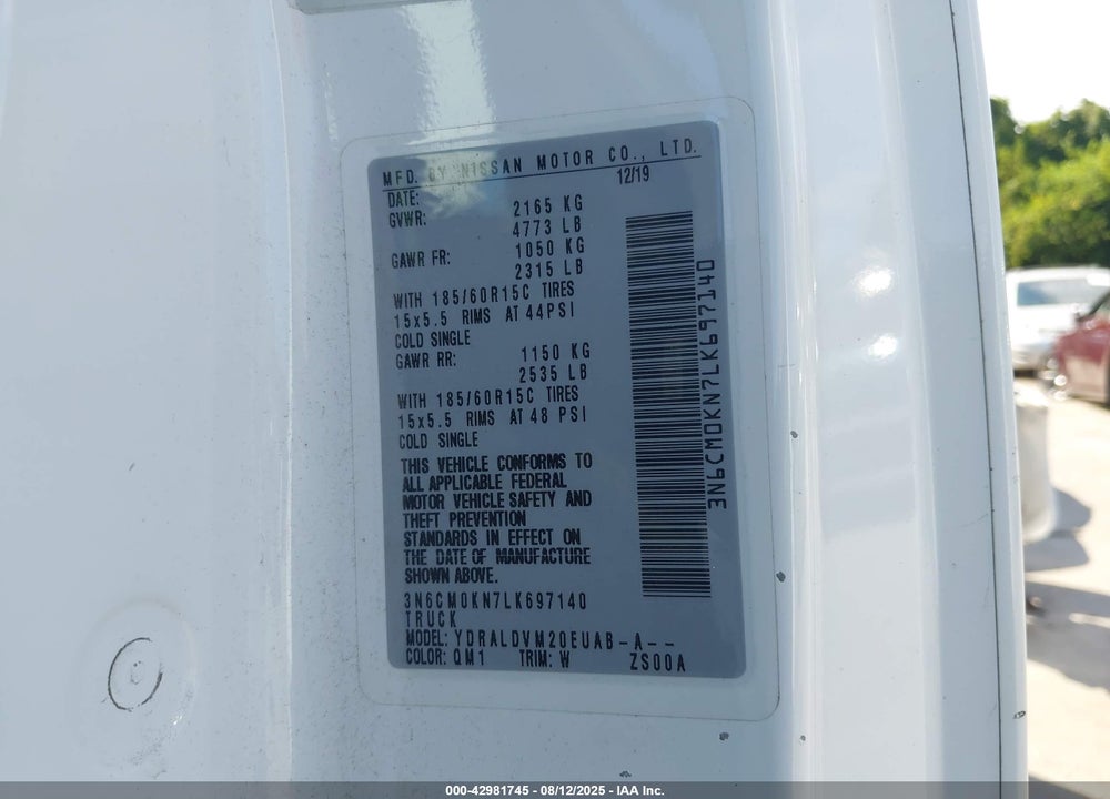 2020 NISSAN NV200  CARGO S XTRONIC CVT VIN: 3N6CM0KN7LK697140