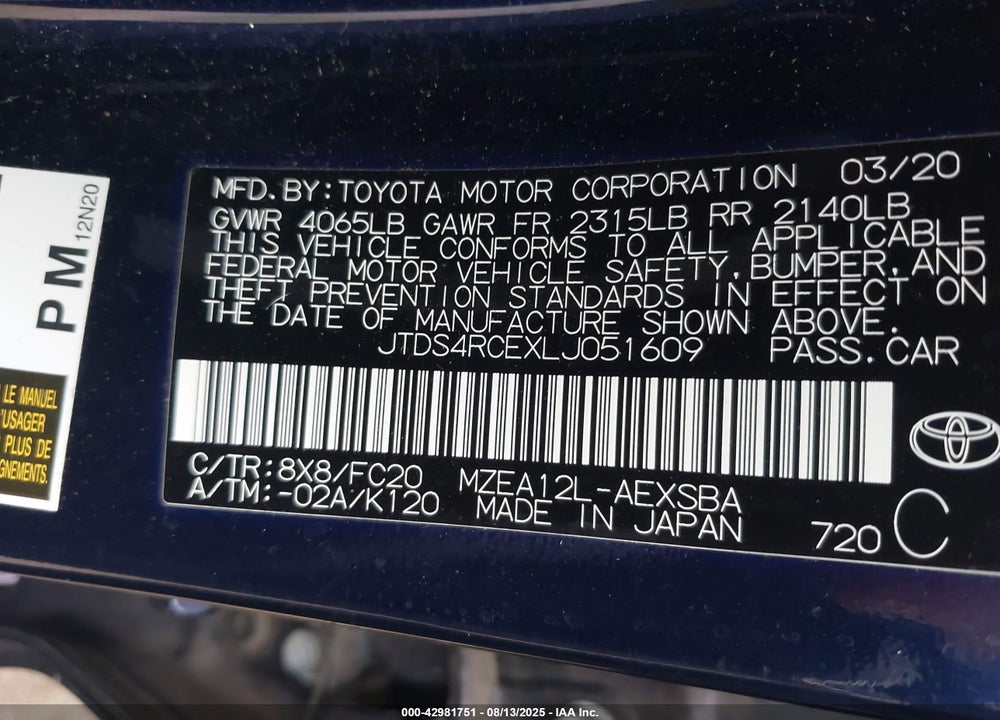 2020 TOYOTA COROLLA VIN: JTDS4RCEXLJ051609