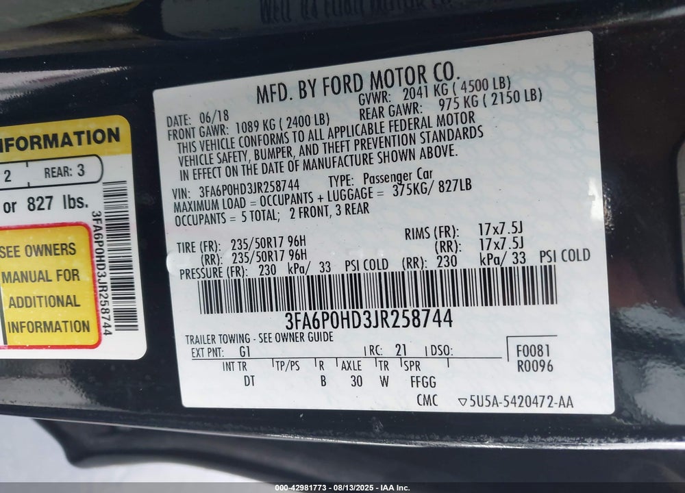 2018 FORD FUSION VIN: 3FA6P0HD3JR258744