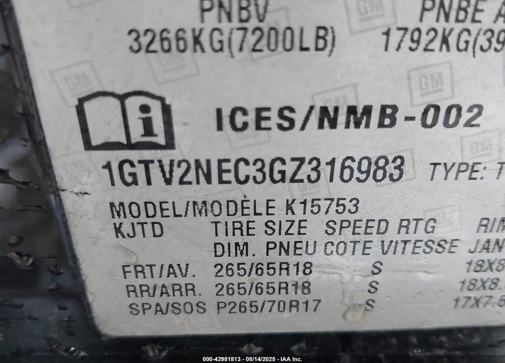 2016 GMC SIERRA 1500 SLT VIN: 1GTV2NEC3GZ316983