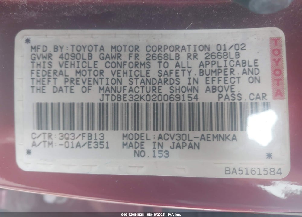 2002 TOYOTA CAMRY LE VIN: JTDBE32K020069154
