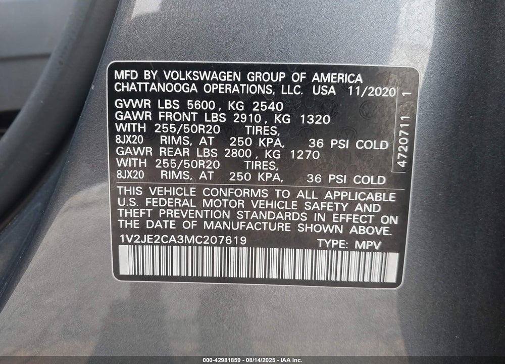 2021 VOLKSWAGEN ATLAS CROSS SPORT 3.6L V6 SE W/TECHNOLOGY VIN: 1V2JE2CA3MC207619