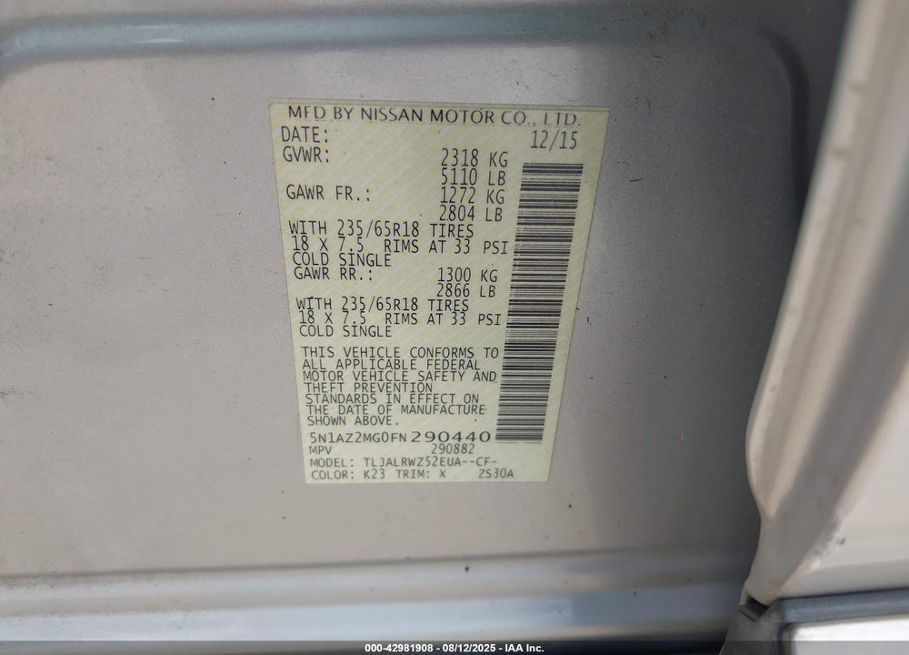 2015 NISSAN MURANO VIN: 5N1AZ2MG0FN290440