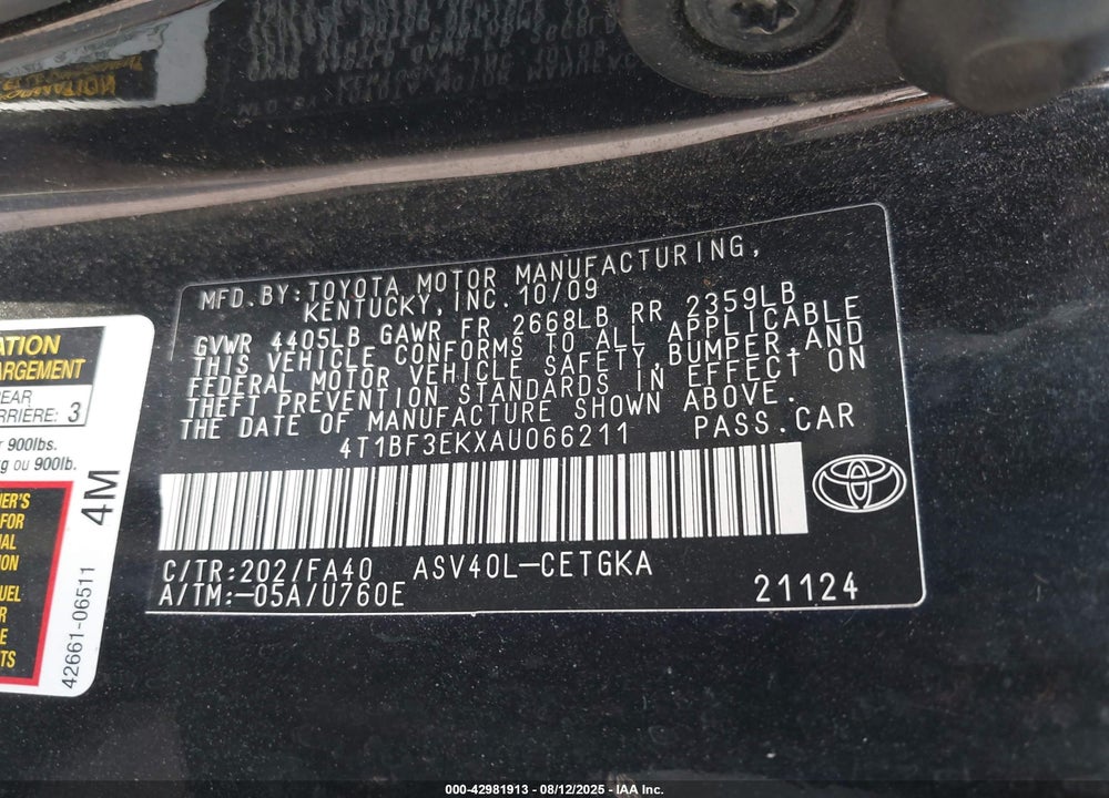 2010 TOYOTA CAMRY VIN: 4T1BF3EKXAU066211