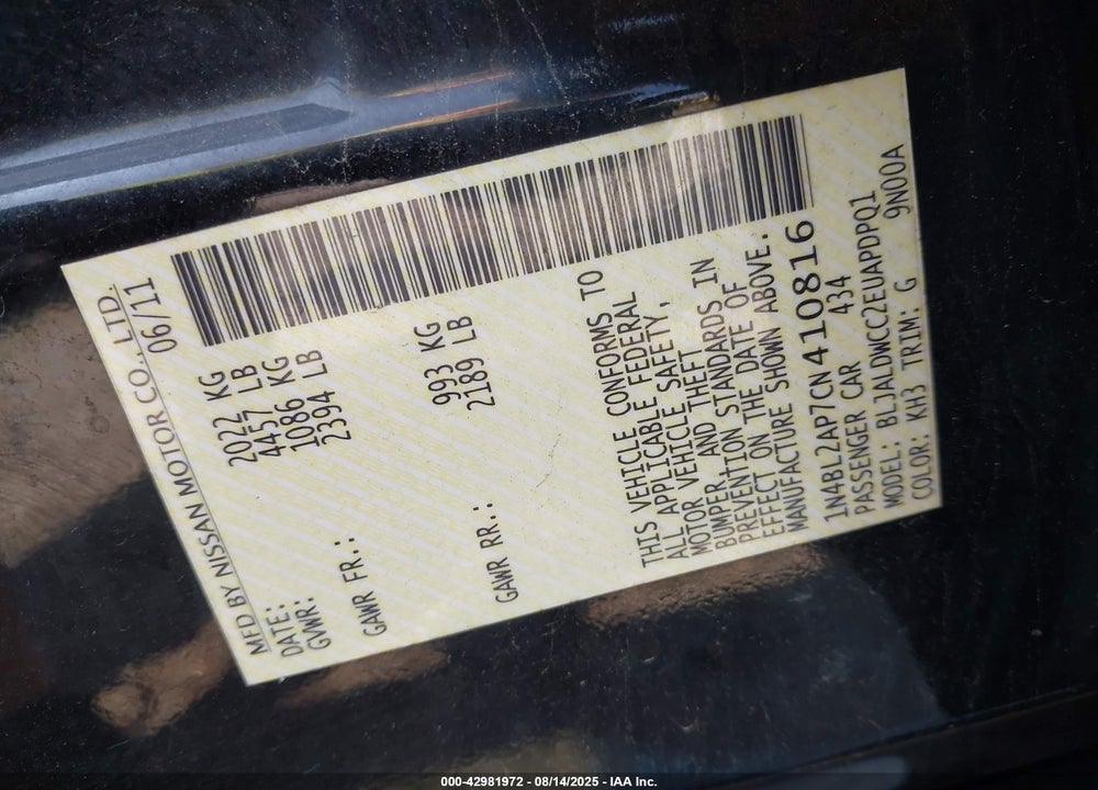 2012 NISSAN ALTIMA VIN: 1N4BL2AP7CN410816