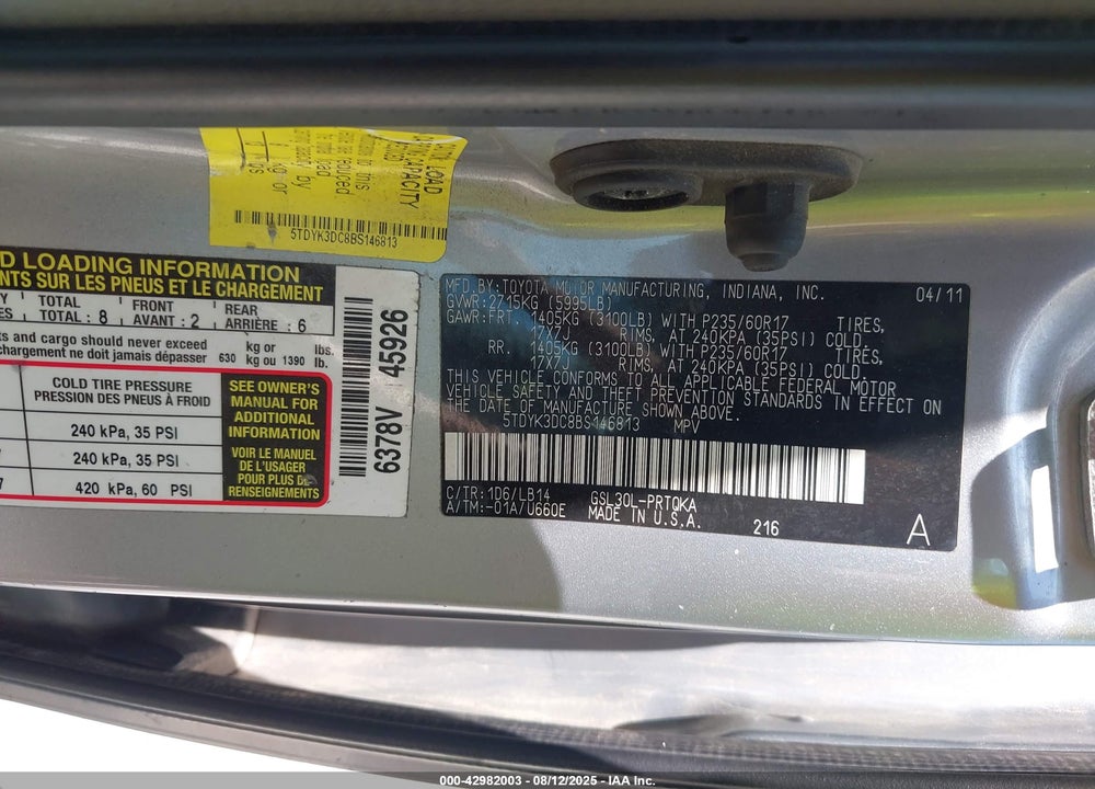 2011 TOYOTA SIENNA XLE V6 VIN: 5TDYK3DC8BS146813