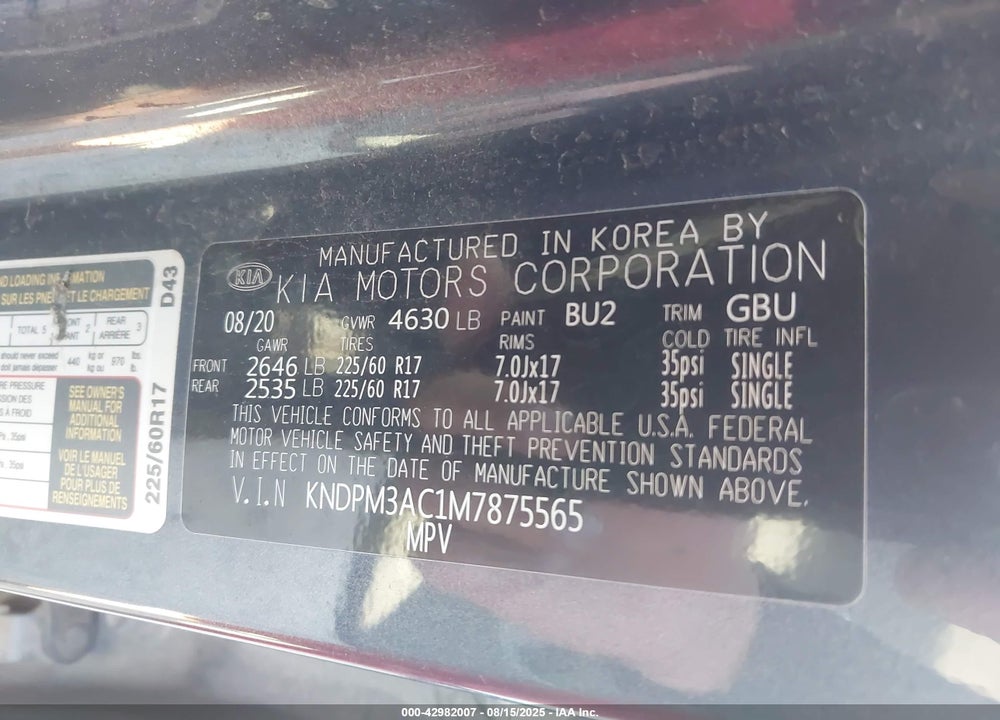 2021 KIA SPORTAGE VIN: KNDPM3AC1M7875565