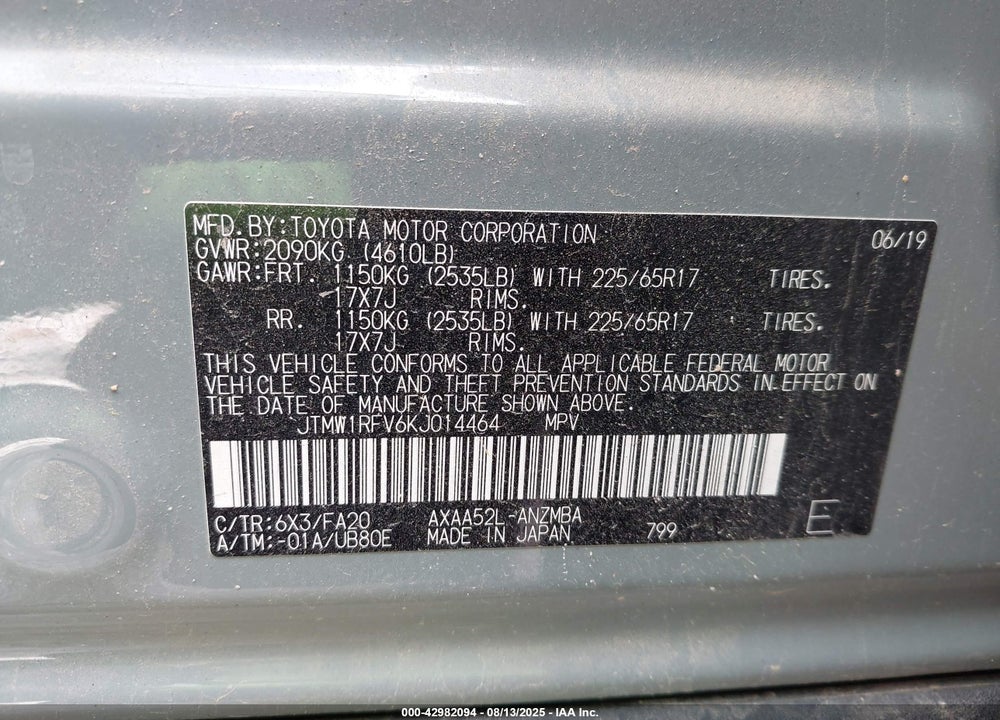 2019 TOYOTA RAV4 VIN: JTMW1RFV6KJ014464