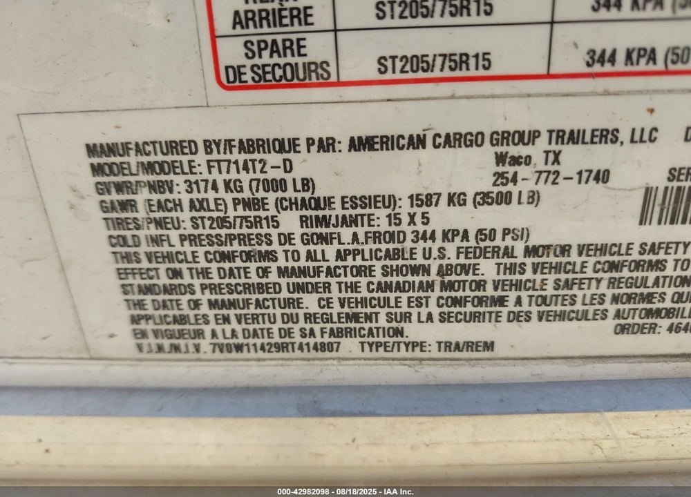 2024 AMERICAN CARGO GRP INC --- VIN: 7V0W11429RT414807