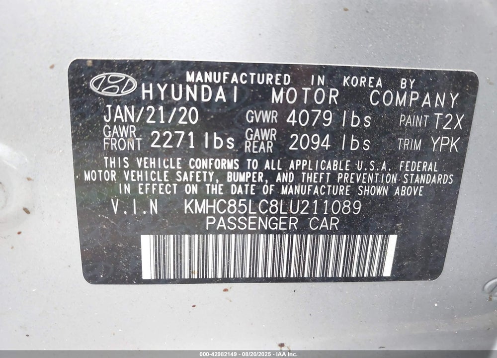 2020 HYUNDAI IONIQ HYBRID VIN: KMHC85LC8LU211089