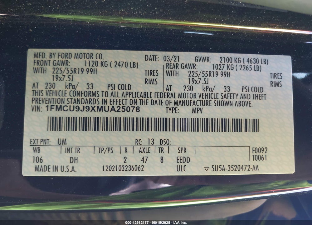 2021 FORD ESCAPE VIN: 1FMCU9J9XMUA25078