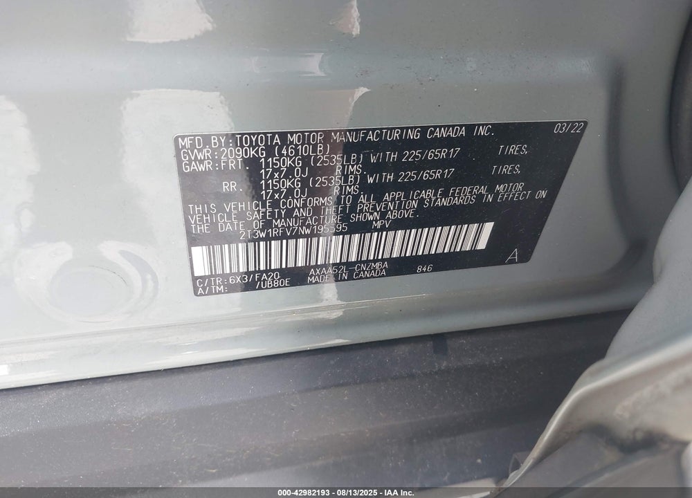 2022 TOYOTA RAV4 VIN: 2T3W1RFV7NW195595