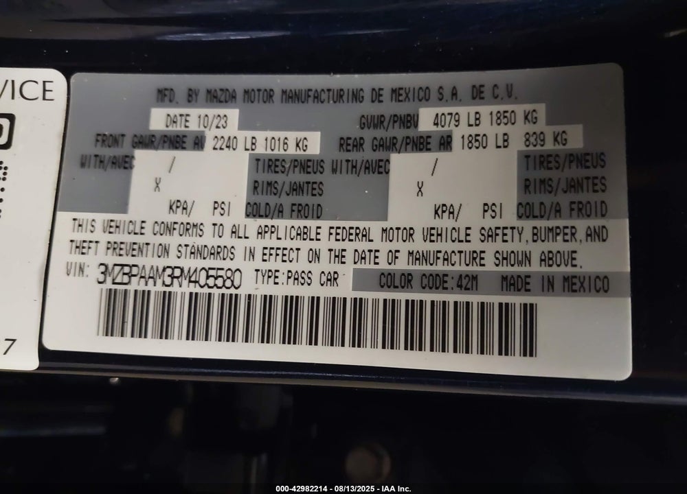 2024 MAZDA 3 VIN: 3MZBPAAM3RM405580