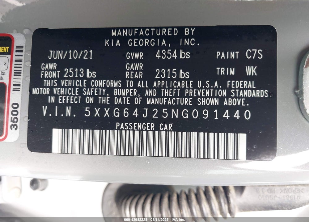2022 KIA K5 VIN: 5XXG64J25NG091440