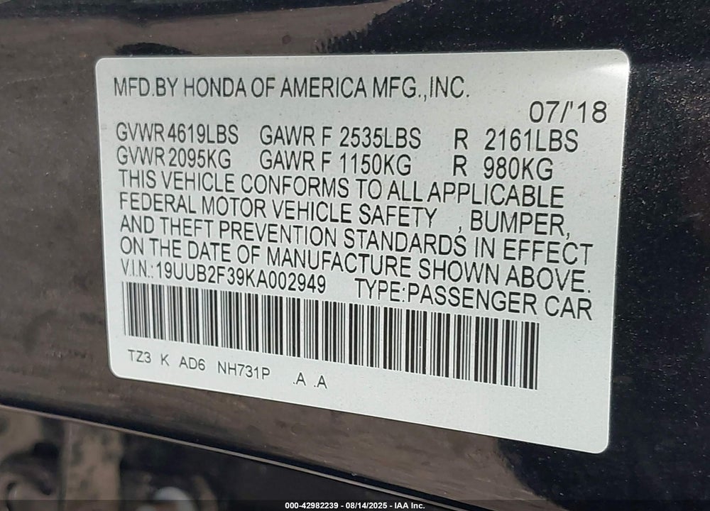 2019 ACURA TLX VIN: 19UUB2F39KA002949