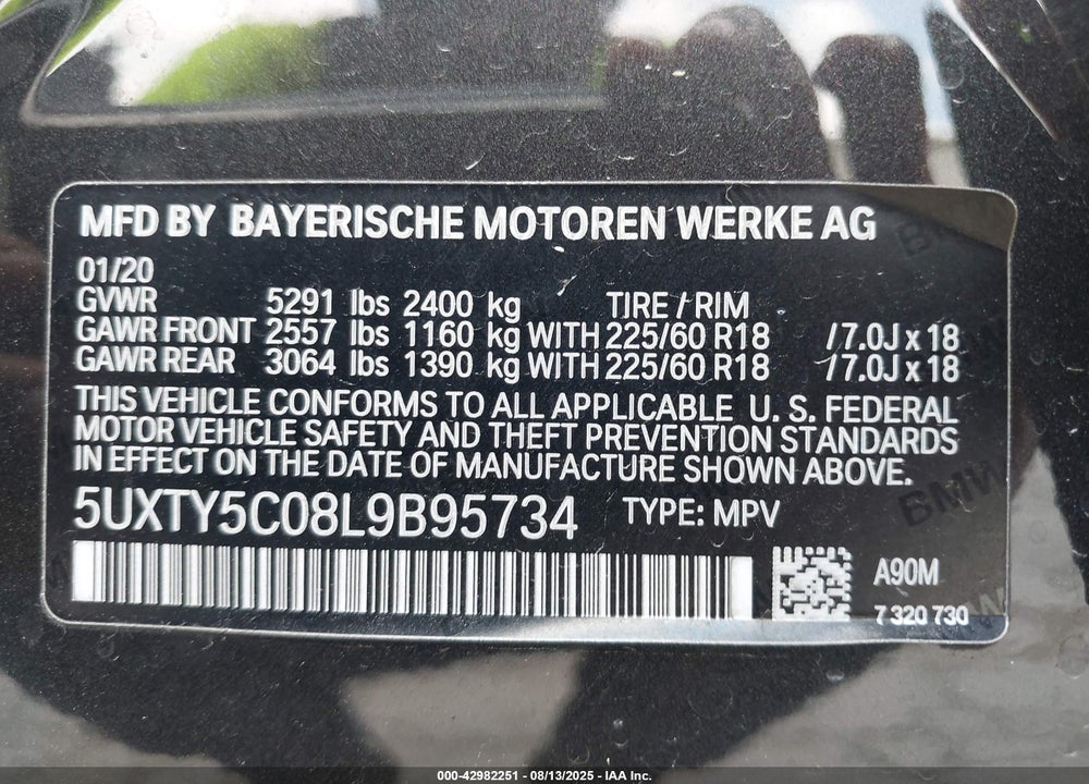 2020 BMW X3 VIN: 5UXTY5C08L9B95734