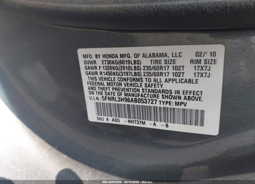 2010 HONDA ODYSSEY TOURING VIN: 5FNRL3H96AB053727