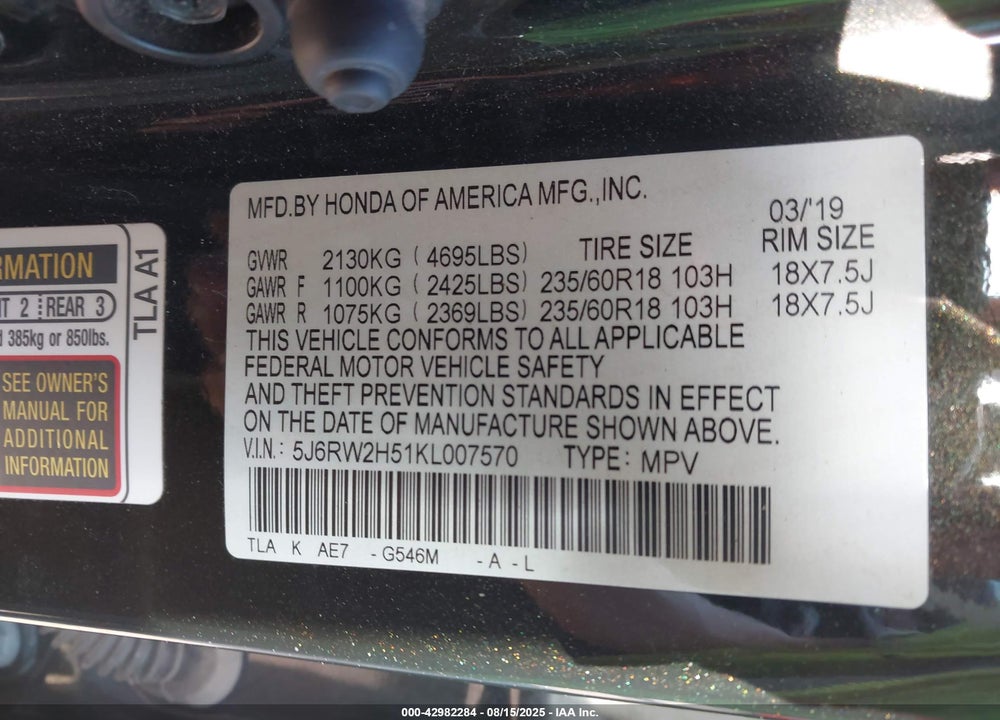 2019 HONDA CR-V VIN: 5J6RW2H51KL007570