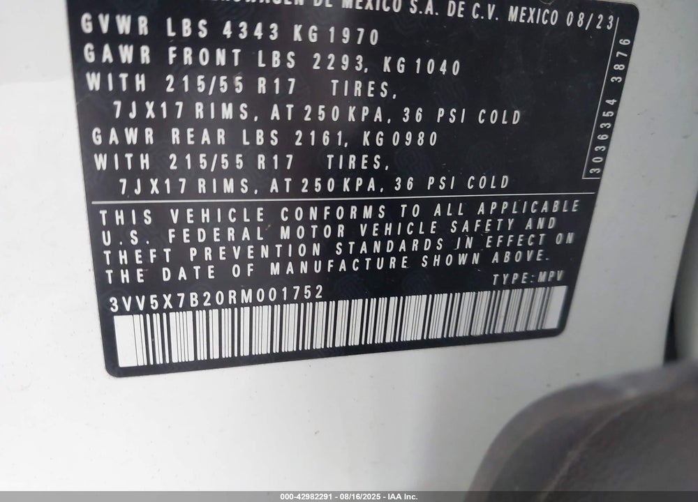 2024 VOLKSWAGEN TAOS VIN: 3VV5X7B20RM001752