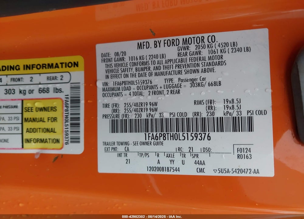 2020 FORD MUSTANG VIN: 1FA6P8TH0L5159376