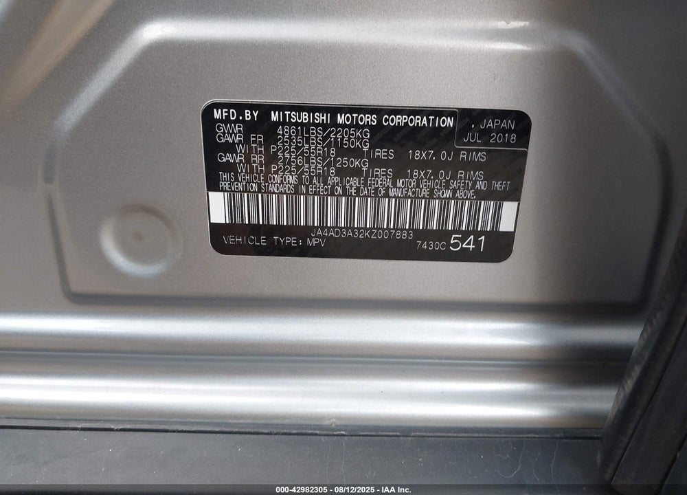 2019 MITSUBISHI OUTLANDER VIN: JA4AD3A32KZ007883