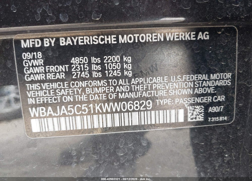 2019 BMW 5 SERIES VIN: WBAJA5C51KWW06829