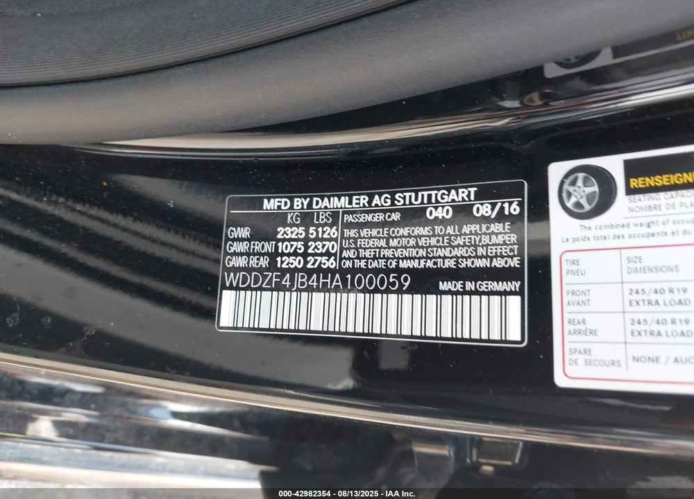 2017 MERCEDES-BENZ E-CLASS VIN: WDDZF4JB4HA100059