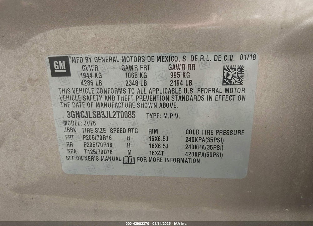 2018 CHEVROLET TRAX VIN: 3GNCJLSB3JL270085