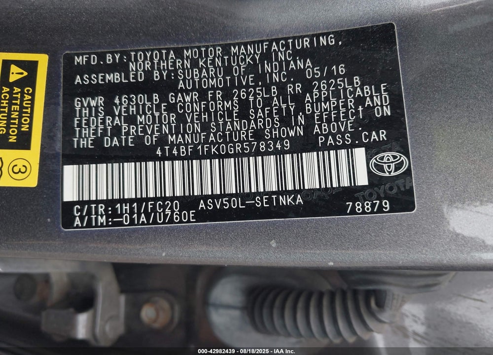 2016 TOYOTA CAMRY VIN: 4T4BF1FK0GR578349