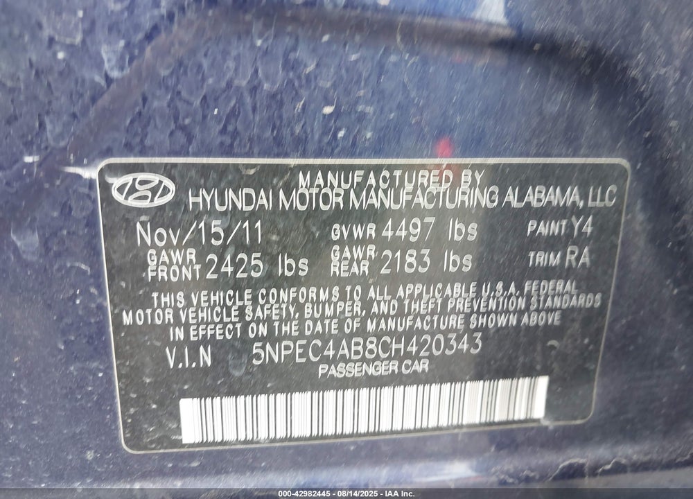 2012 HYUNDAI SONATA SE 2.0T VIN: 5NPEC4AB8CH420343