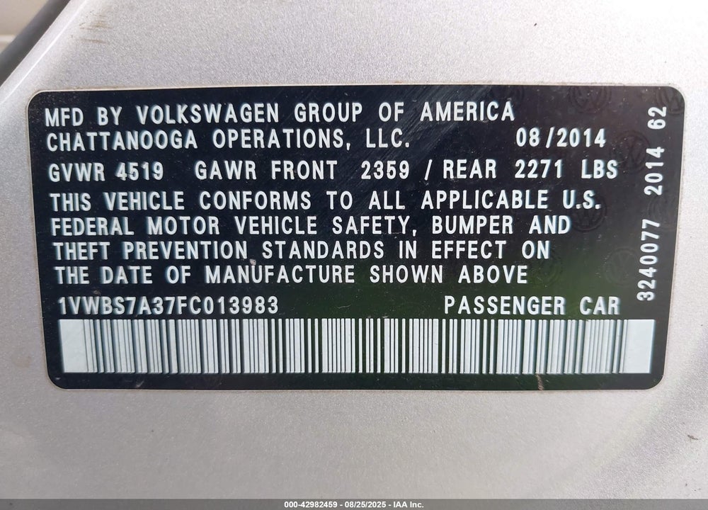 2015 VOLKSWAGEN PASSAT 1.8T SE VIN: 1VWBS7A37FC013983