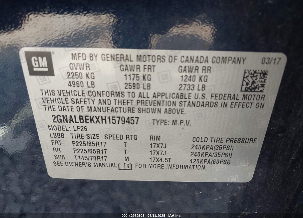 2017 CHEVROLET EQUINOX VIN: 2GNALBEKXH1579457
