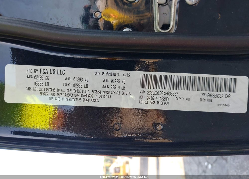 2019 DODGE CHARGER VIN: 2C3CDXL99KH635807