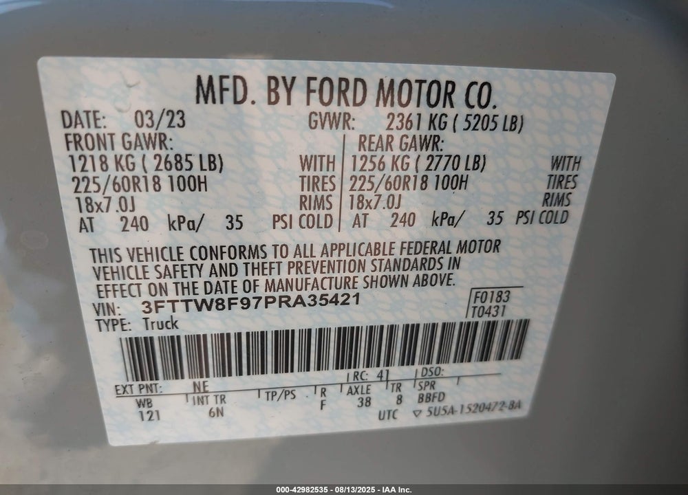 2023 FORD MAVERICK VIN: 3FTTW8F97PRA35421