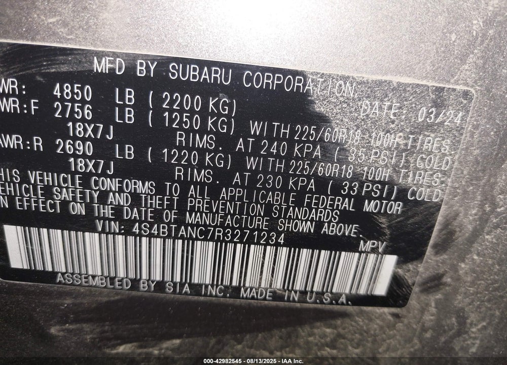 2024 SUBARU OUTBACK VIN: 4S4BTANC7R3271234
