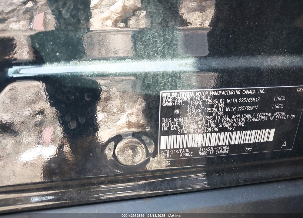 2022 TOYOTA RAV4 VIN: 2T3W1RFV1NC198199