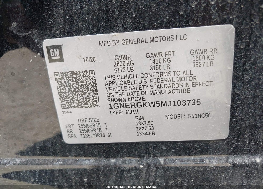 2021 CHEVROLET TRAVERSE VIN: 1GNERGKW5MJ103735