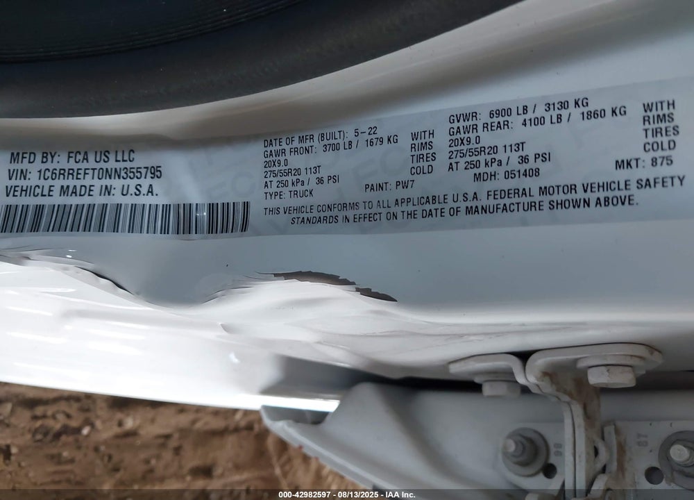 2022 RAM 1500 VIN: 1C6RREFT0NN355795