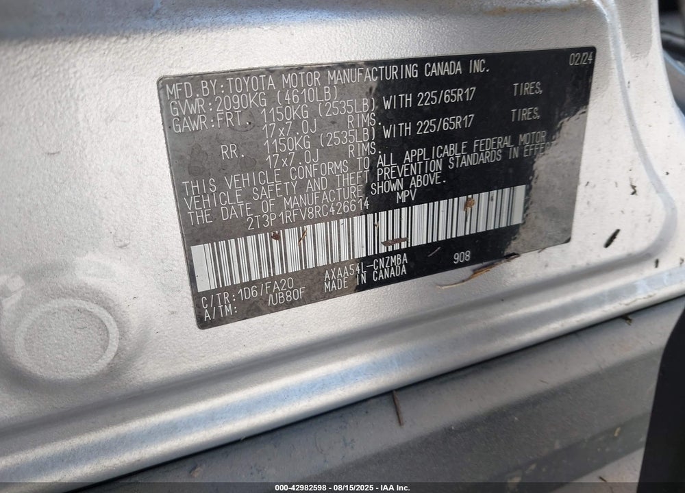 2024 TOYOTA RAV4 VIN: 2T3P1RFV8RC426614