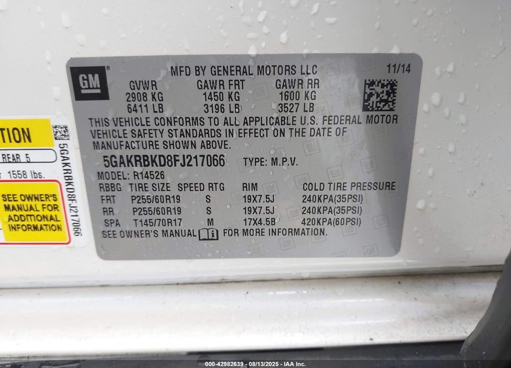 2015 BUICK ENCLAVE VIN: 5GAKRBKD8FJ217066