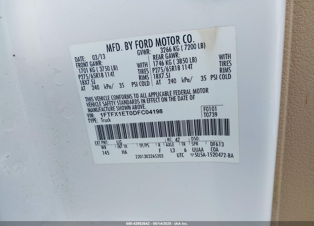2013 FORD F-150 VIN: 1FTFX1ET0DFC04198