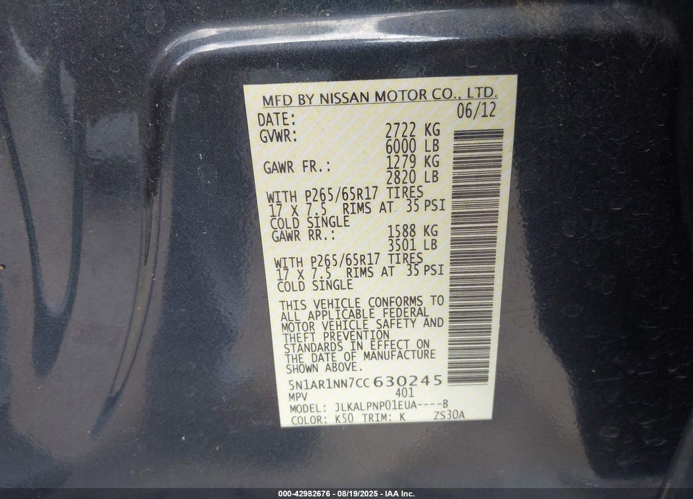 2012 NISSAN PATHFINDER VIN: 5N1AR1NN7CC630245