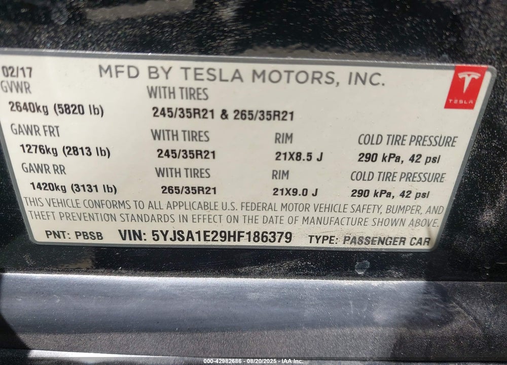 2017 TESLA MODEL S VIN: 5YJSA1E29HF186379
