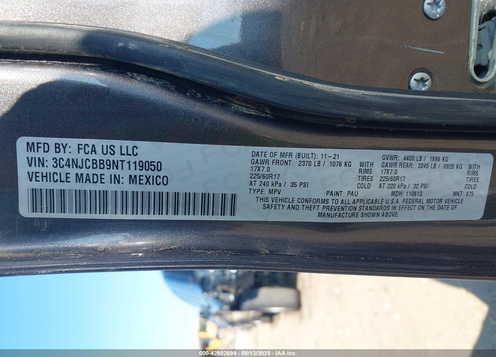 2022 JEEP COMPASS VIN: 3C4NJCBB9NT119050