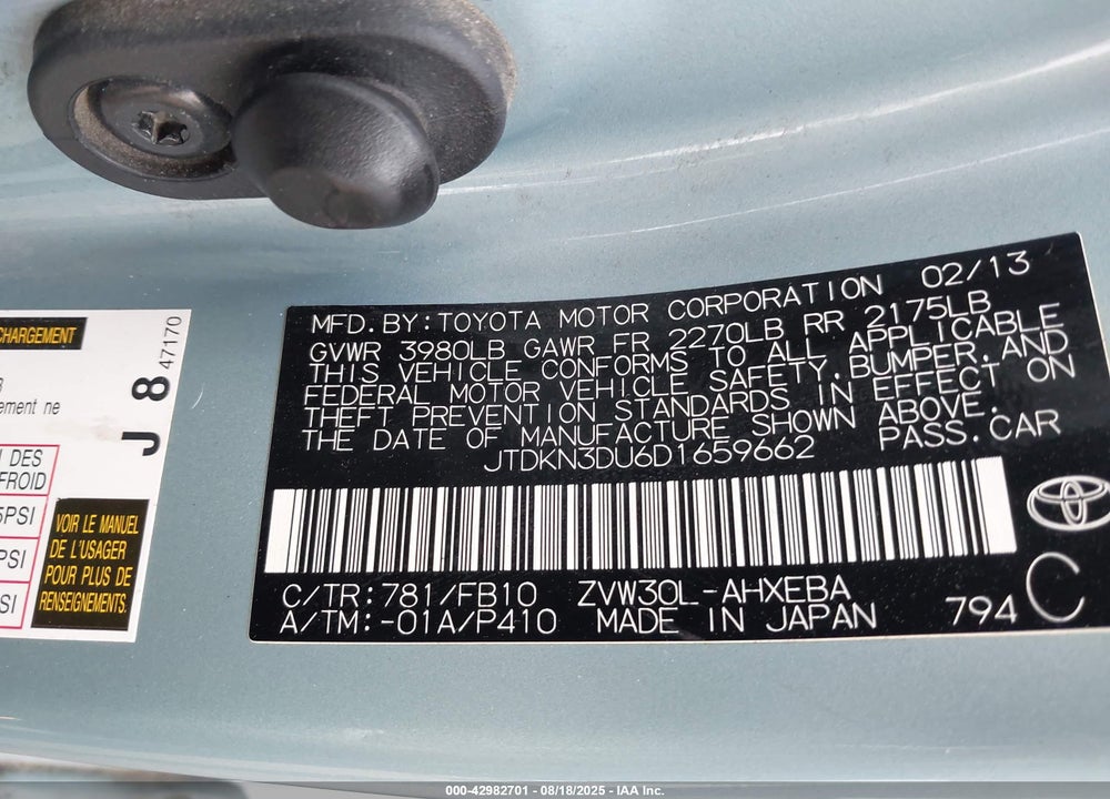 2013 TOYOTA PRIUS VIN: JTDKN3DU6D1659662