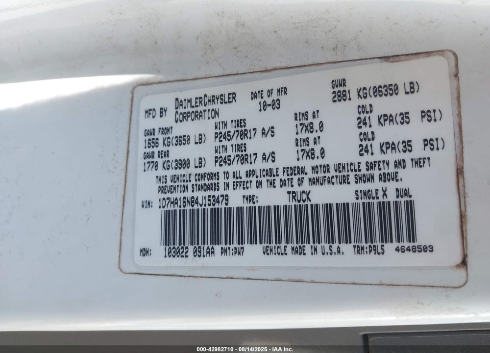2004 DODGE RAM 1500 ST VIN: 1D7HA16N84J153479