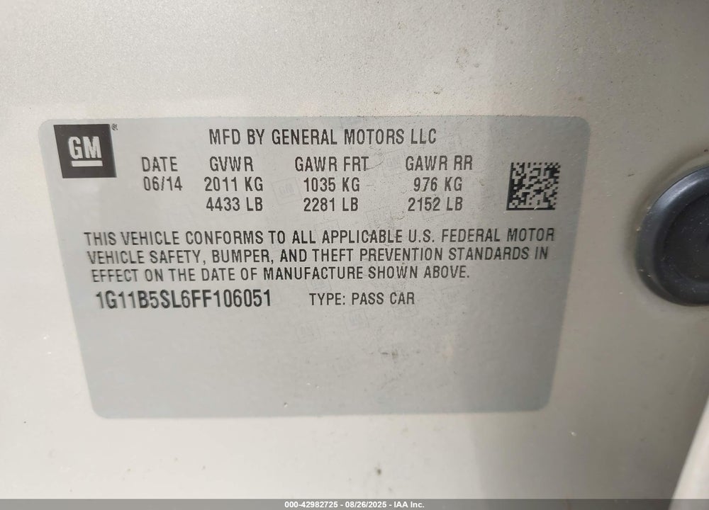 2015 CHEVROLET MALIBU VIN: 1G11B5SL6FF106051